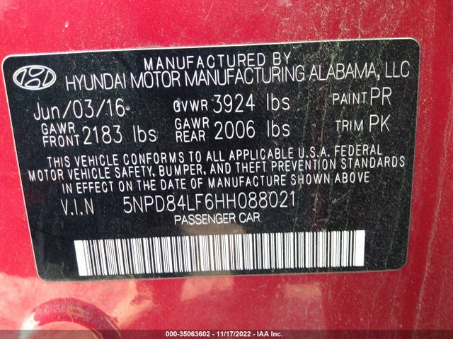 2017 HYUNDAI ELANTRA SE VIN: 5NPD84LF6HH088021