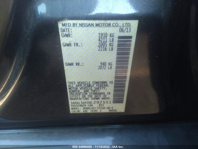 2013 NISSAN ALTIMA 2.5 SL VIN: 1N4AL3AP2DC297551