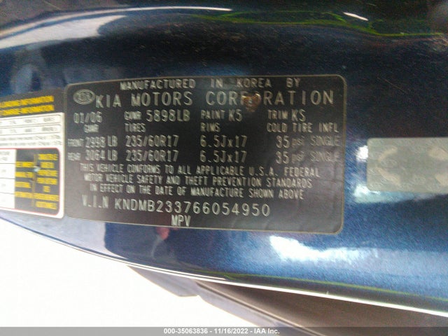 2006 KIA SEDONA LX/EX VIN: KNDMB233766054950