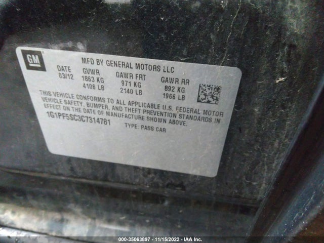 2012 CHEVROLET CRUZE LT W/1LT VIN: 1G1PF5SC3C7314781
