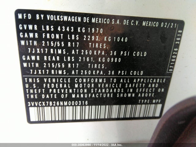 2022 Volkswagen Taos, VIN: 3VVCX7B26NM000316