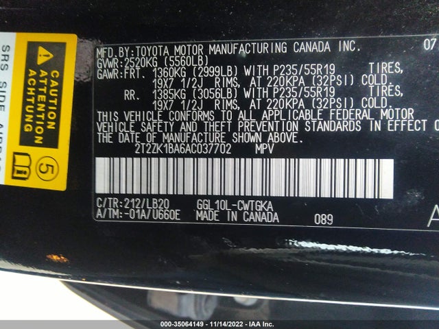2010 LEXUS RX 350 VIN: 2T2ZK1BA6AC037702
