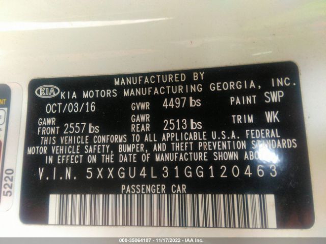 5XXGU4L31GG120463 KIA OPTIMA EX