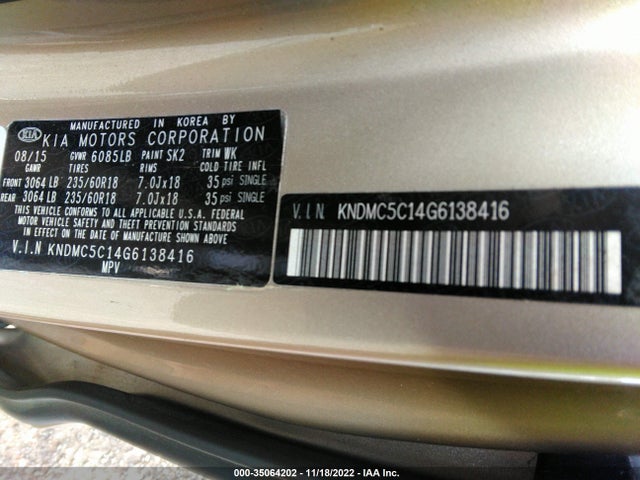 2016 Kia Sedona, VIN: KNDMC5C14G6138416