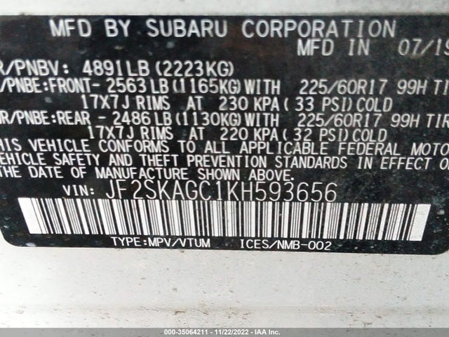2019 Subaru Forester, VIN: JF2SKAGC1KH593656