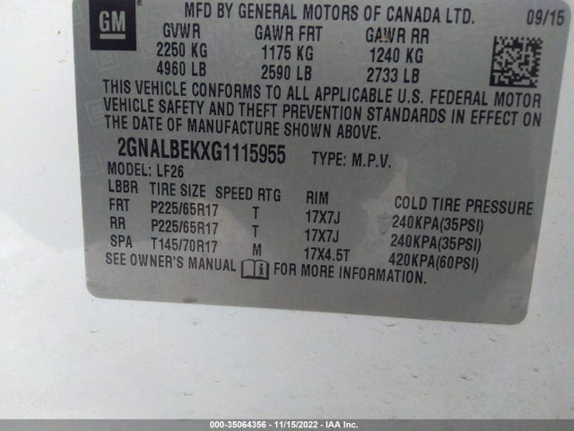 2016 Chevrolet Equinox, VIN: 2GNALBEKXG1115955