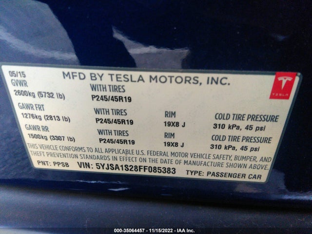 Tesla MODEL S 2015 5YJSA1S28FF085383 Image 10