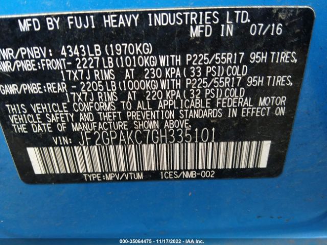 JF2GPAKC7GH335101 Subaru Crosstrek Limited