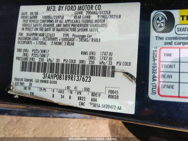 2009 FORD FUSION SEL VIN: 3FAHP08189R137623