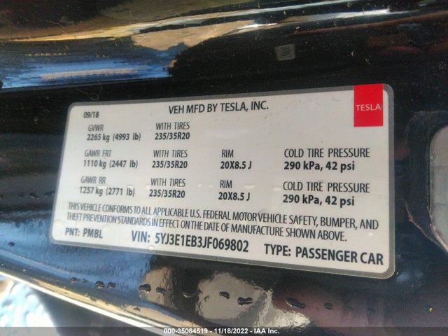 Tesla Model 3 Long Range 2018 5YJ3E1EB3JF069802 Image 10