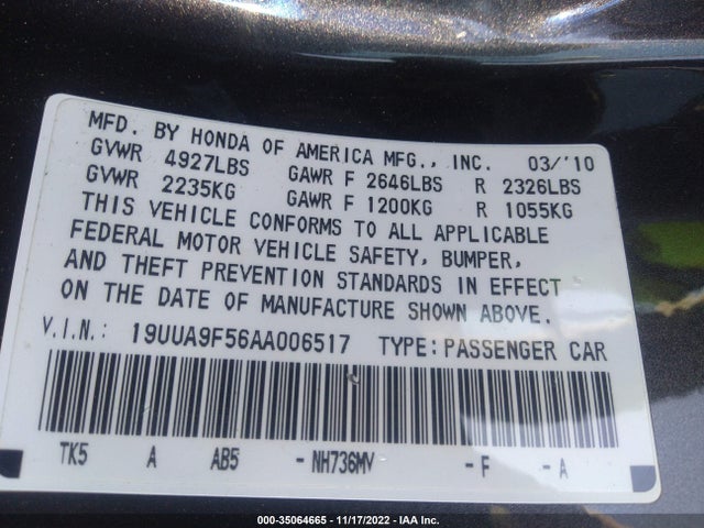 2010 ACURA TL TECH VIN: 19UUA9F56AA006517