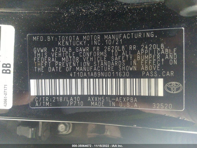 2022 Toyota Avalon, VIN: 4T1DA1AB9NU011630