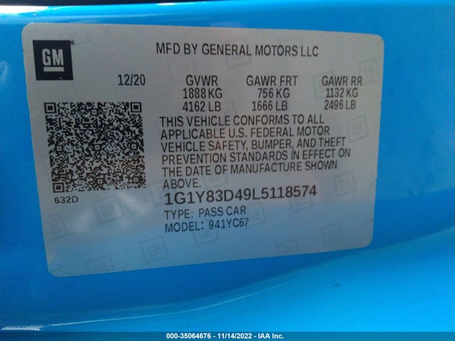 2020 Chevrolet Corvette, VIN: 1G1Y83D49L5118574