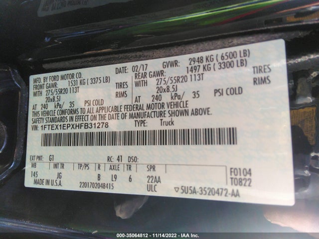 2017 FORD F-150 XL/XLT/LARIAT VIN: 1FTEX1EPXHFB31278