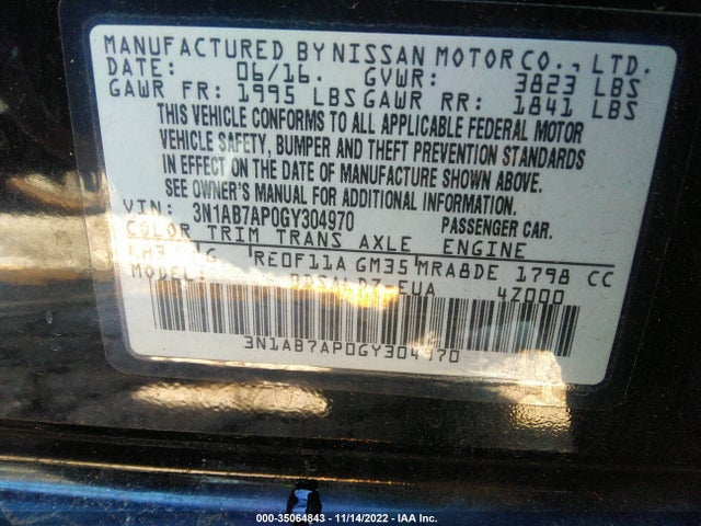 2016 NISSAN SENTRA SV VIN: 3N1AB7AP0GY304970