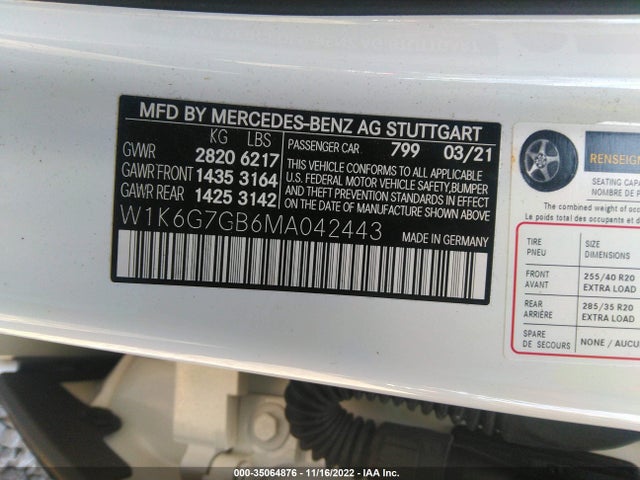 2021 Mercedes-Benz S-Class, VIN: W1K6G7GB6MA042443