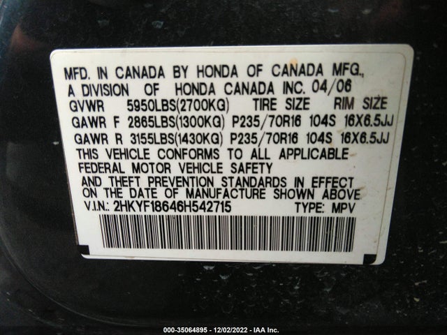 2006 HONDA PILOT EX-L WITH RES VIN: 2HKYF18646H542715