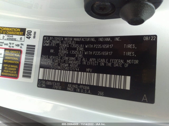2022 Toyota Sienna, VIN: 5TDYRKEC5NS131744