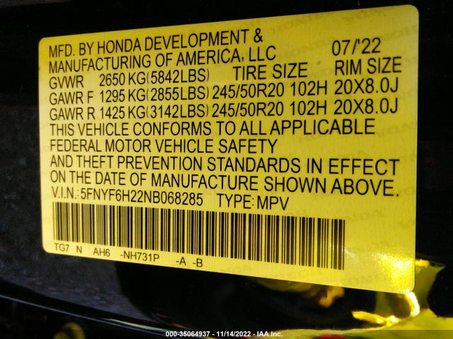 2022 Honda Pilot, VIN: 5FNYF6H22NB068285