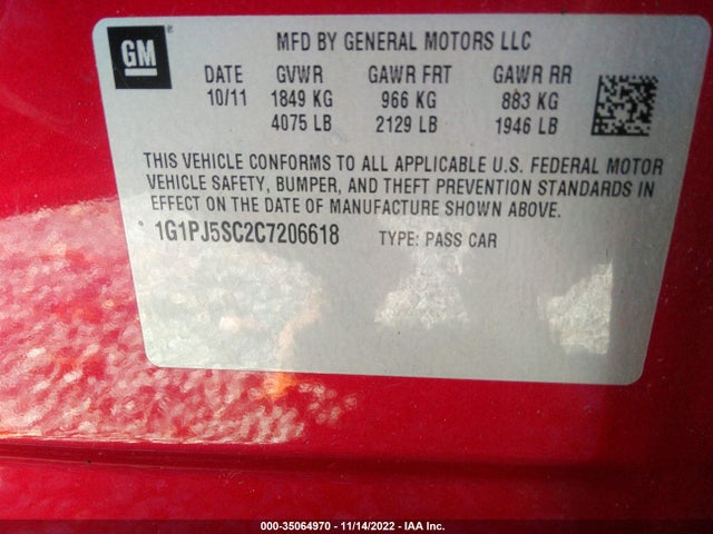 2012 CHEVROLET CRUZE ECO VIN: 1G1PJ5SC2C7206618
