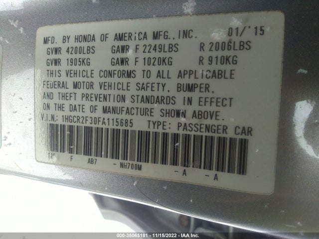 2015 HONDA ACCORD SEDAN LX VIN: 1HGCR2F30FA115685