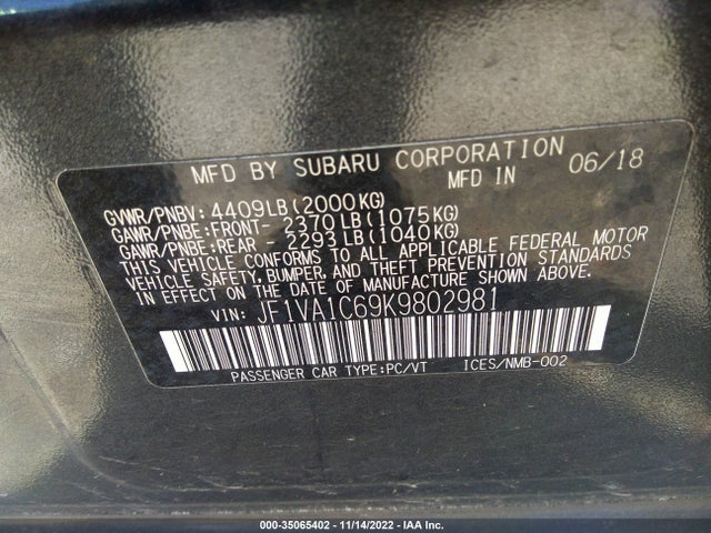 2019 Subaru WRX, VIN: JF1VA1C69K9802981