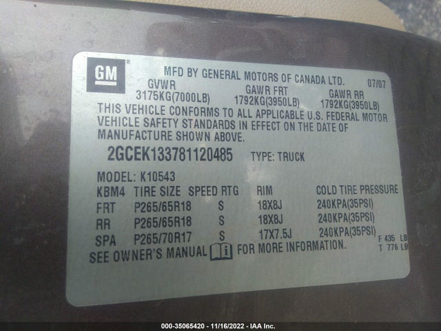 2008 CHEVROLET SILVERADO 1500 LTZ VIN: 2GCEK133781120485