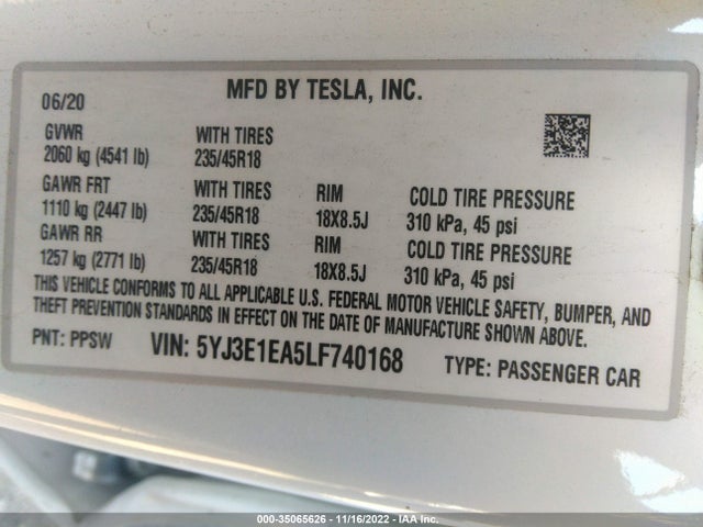 Tesla MODEL 3 2020 5YJ3E1EA5LF740168 Image 10