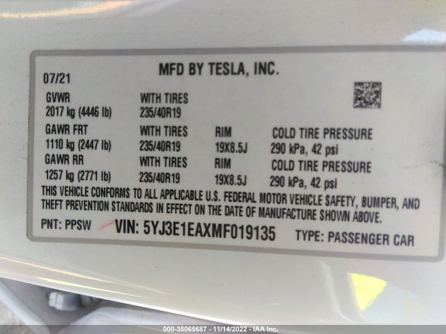 Tesla Model 3 Standard Range Plus 2021 5YJ3E1EAXMF019135 Image 11