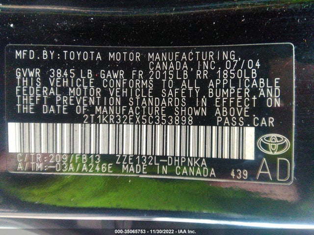 2005 TOYOTA MATRIX STD/XR VIN: 2T1KR32EX5C353898