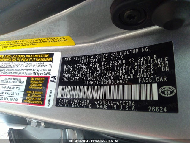 2019 Toyota Avalon, VIN: 4T1B21FBXKU006977