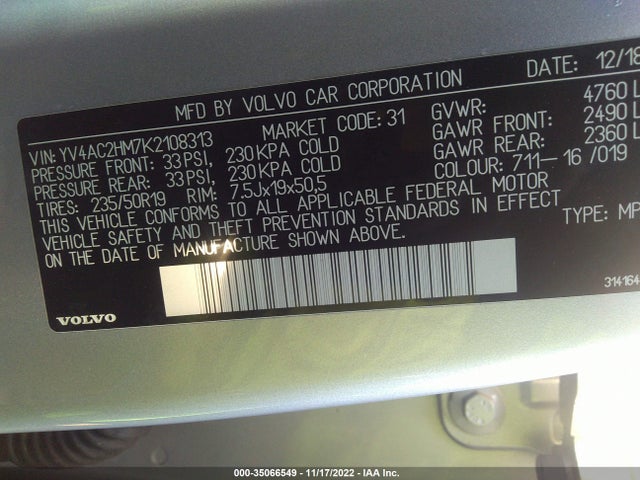 2019 Volvo XC40, VIN: YV4AC2HM7K2108313