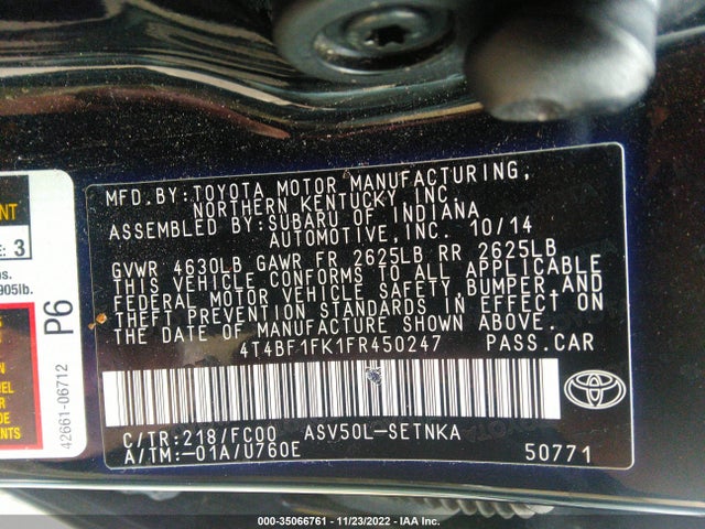 2015 TOYOTA CAMRY XLE/SE/LE/XSE VIN: 4T4BF1FK1FR450247
