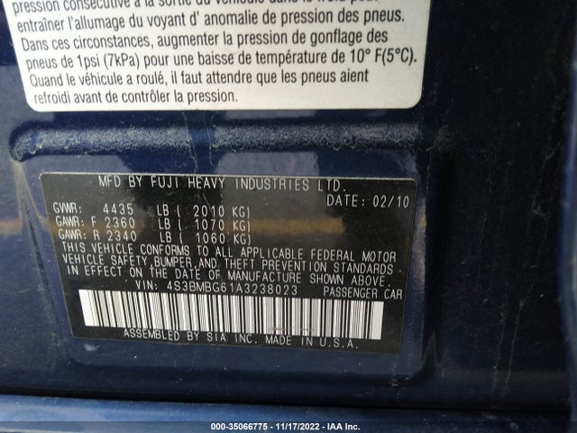 2010 SUBARU LEGACY PREM ALL-WTHR/MOON VIN: 4S3BMBG61A3238023