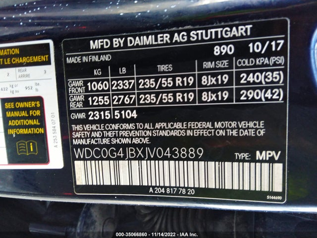 2018 Mercedes-Benz GLC-Class, VIN: WDC0G4JBXJV043889