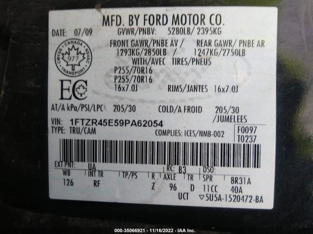 2009 FORD RANGER XLT/SPORT/FX4 OFF-ROAD VIN: 1FTZR45E59PA62054