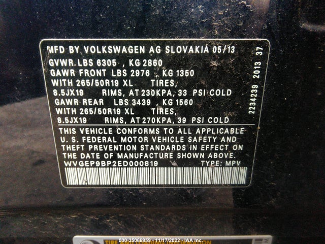 2014 Volkswagen Touareg, VIN: WVGEP9BP2ED000819