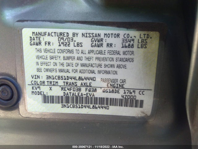 2004 NISSAN SENTRA S VIN: 3N1CB51D44L864440