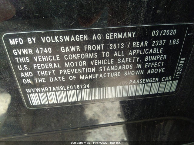 2020 Volkswagen Arteon, VIN: WVWHR7AN9LE016734