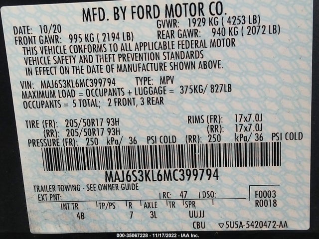 2021 Ford Ecosport, VIN: MAJ6S3KL6MC399794