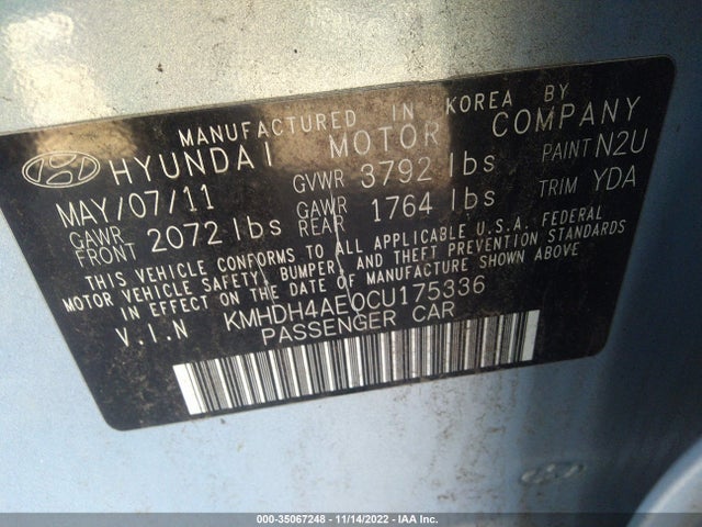 2012 HYUNDAI ELANTRA GLS PZEV VIN: KMHDH4AE0CU175336