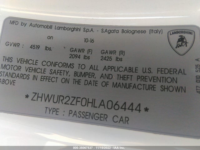 2017 Lamborghini Huracan, VIN: ZHWUR2ZF0HLA06444