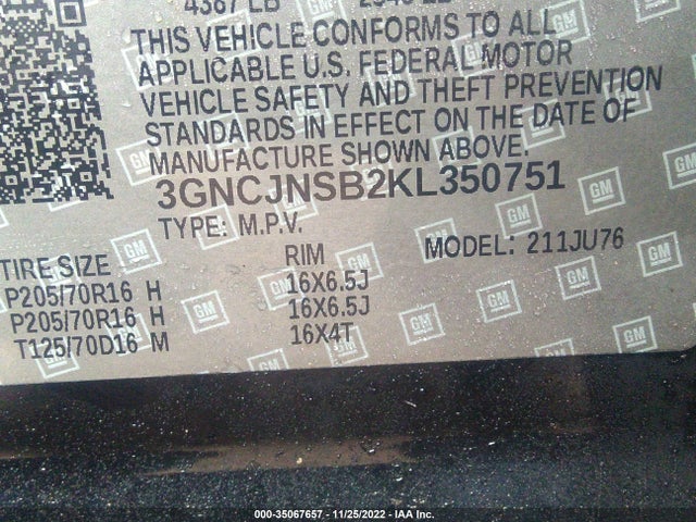 2019 Chevrolet Trax, VIN: 3GNCJNSB2KL350751