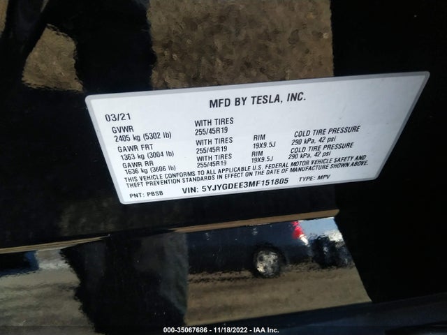 Tesla Model Y Long Range 2021 5YJYGDEE3MF151805 Image 9