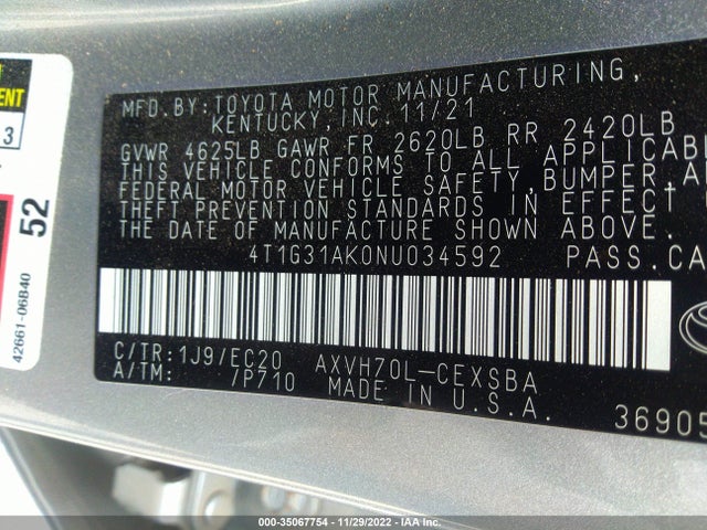 2022 Toyota Camry, VIN: 4T1G31AK0NU034592