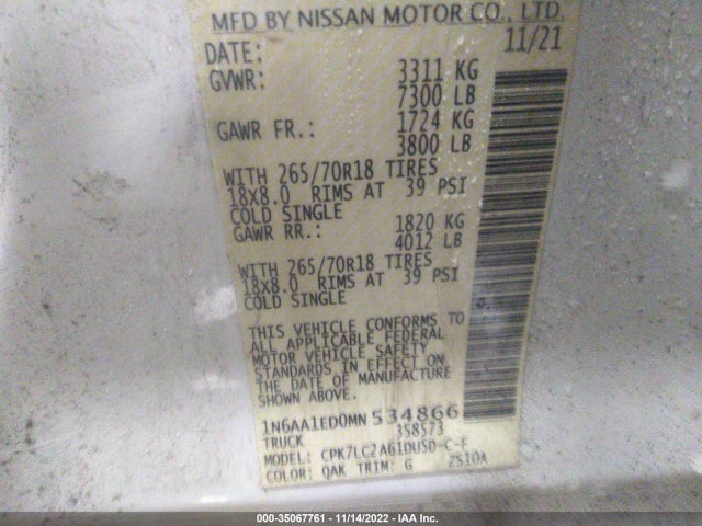 2021 Nissan Titan, VIN: 1N6AA1ED0MN534866