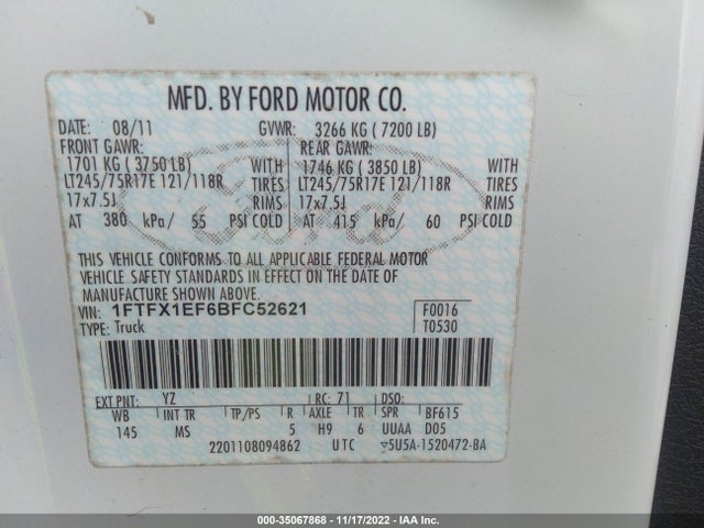 2011 FORD F-150 XL/STX/XLT/FX4/LARIAT VIN: 1FTFX1EF6BFC52621