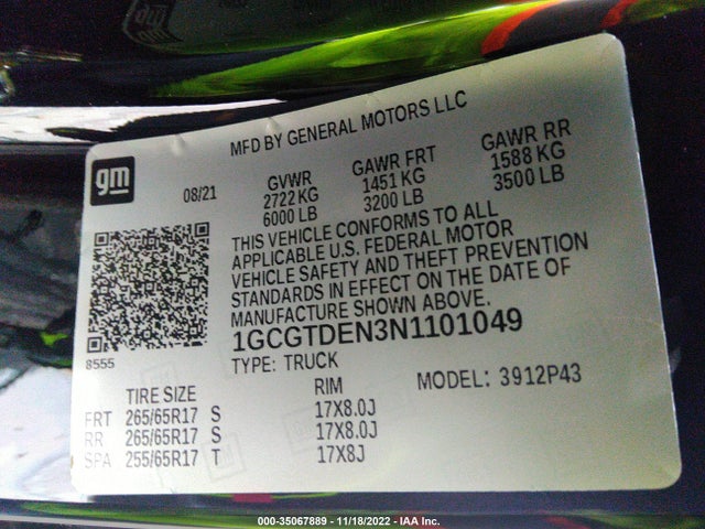 2022 Chevrolet Colorado, VIN: 1GCGTDEN3N1101049