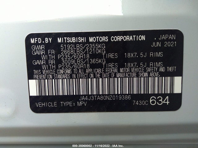 JA4J3TA80NZ019386 Mitsubishi Outlander Es