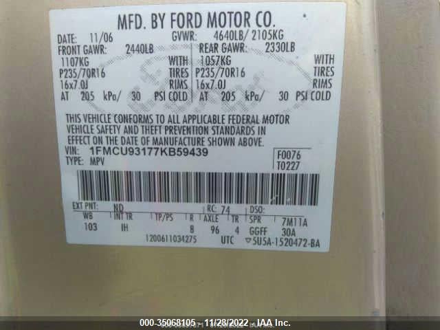 2007 FORD ESCAPE XLT VIN: 1FMCU93177KB59439